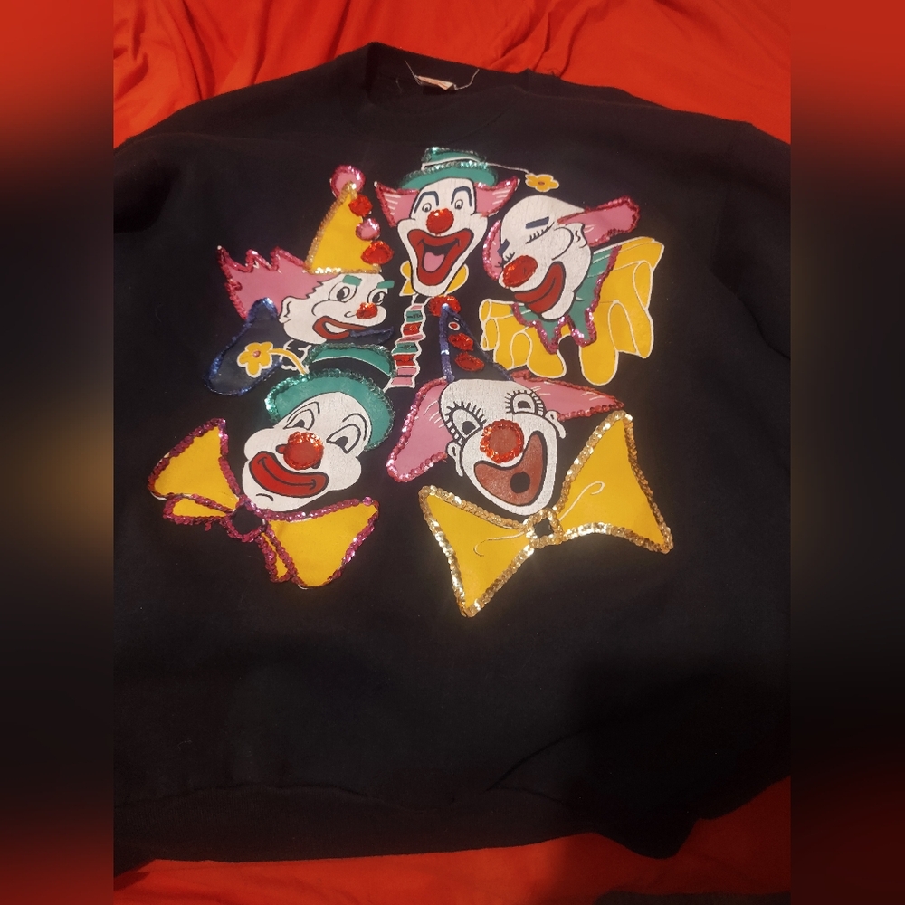 Vintage Clown Sweatshirt Art Glitter Sequins 90s XL Fruit Of The Loom Unique